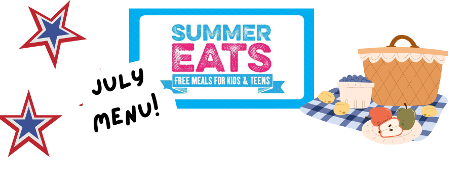 Graphic featuring the YMCA Cape Cod Summer Eats logo with text "July Menu!"