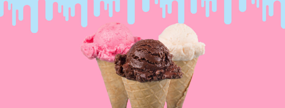 A photo of three ice cream cones in front of a pink background with melting blue ice cream at the top.