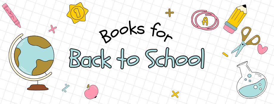 Graphic featuring a white grid background with school supplies and the text "Books for back to school"