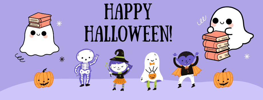 Purple background with black text "Happy Halloween!" Below the text are graphics of ghosts with books, pumpkins, and children trick-or-treating.